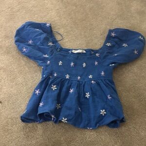 Altar'd State Blue Blouse with Floral Embroidery